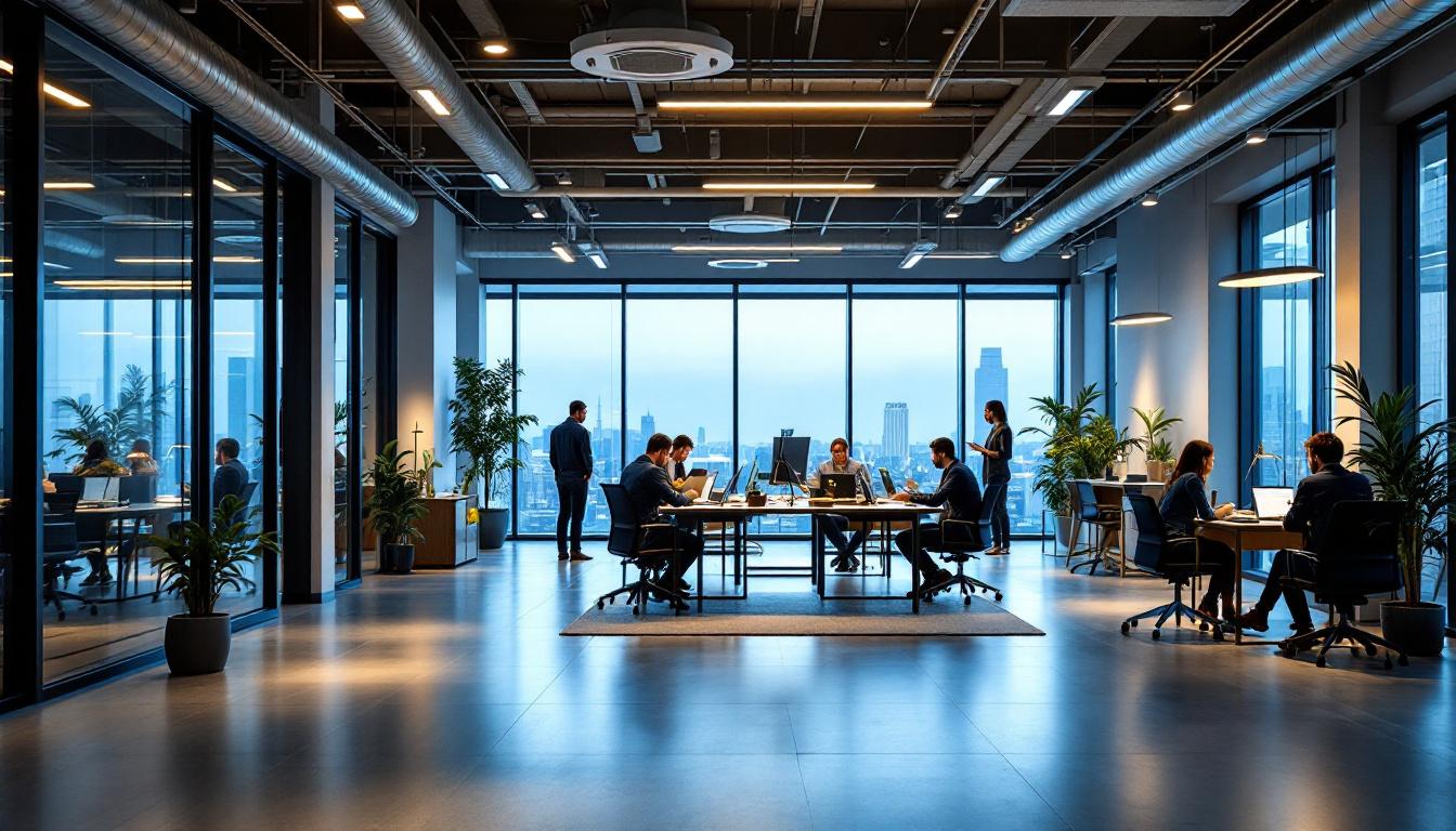 A photograph of a modern office space showcasing a variety of energy-efficient lighting solutions