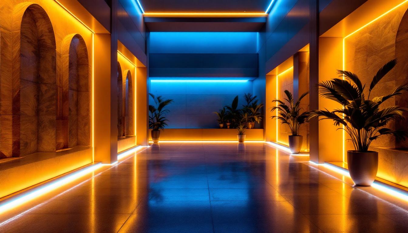 A photograph of a beautifully lit indoor space showcasing vibrant 110v led tape lights elegantly installed along architectural features