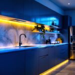 A photograph of a modern kitchen featuring stylish under cabinet led lighting