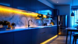 A photograph of a modern kitchen featuring stylish under cabinet led lighting