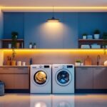 A photograph of a modern laundry room featuring a sleek led light fixture illuminating the space