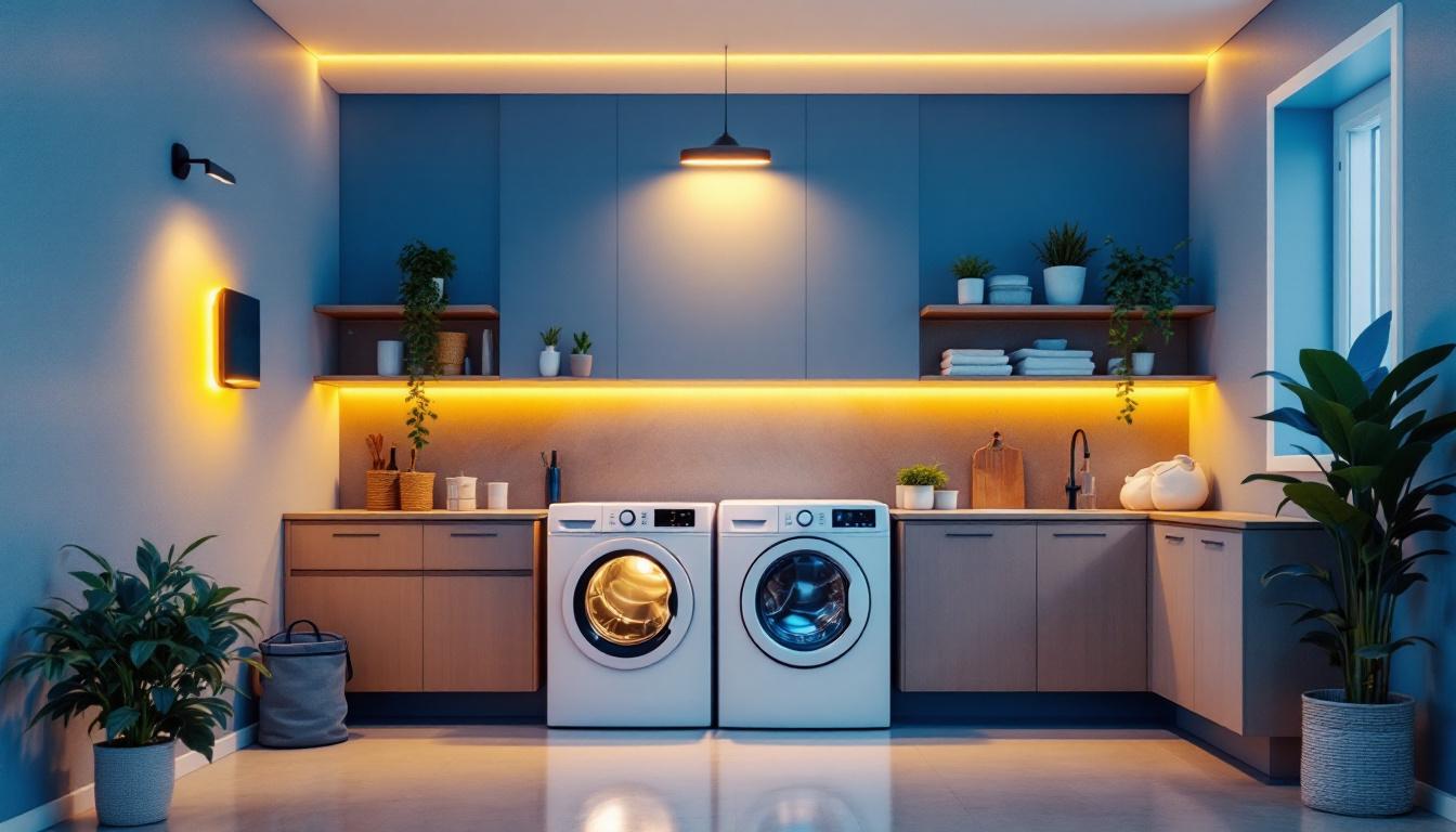 A photograph of a modern laundry room featuring a sleek led light fixture illuminating the space