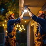 A photograph of a skilled lighting contractor installing a ceiling mount motion sensor light outdoors