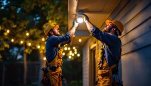 A photograph of a skilled lighting contractor installing a ceiling mount motion sensor light outdoors