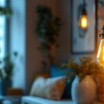 A photograph of a beautifully styled vintage lighting fixture in a cozy