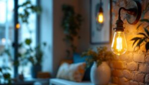 A photograph of a beautifully styled vintage lighting fixture in a cozy