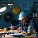 A photograph of a lighting contractor in action