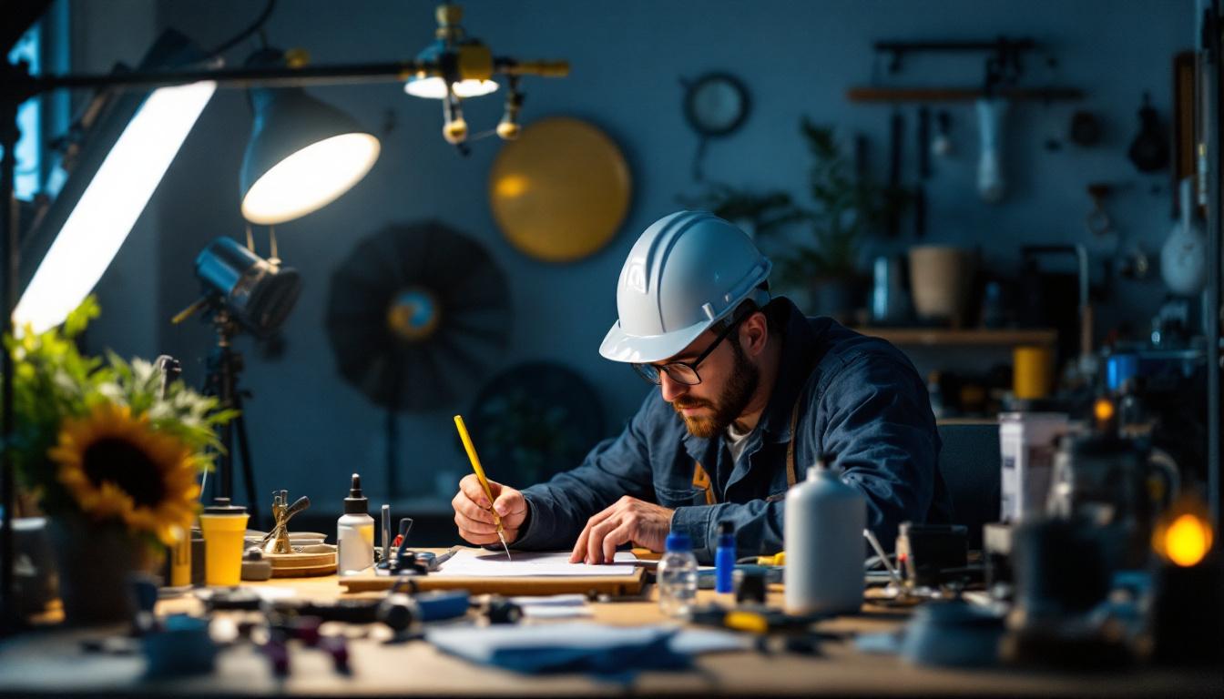 A photograph of a lighting contractor in action