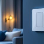 A photograph of a modern motion-detecting light switch installed in a stylish home setting
