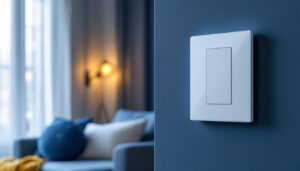 A photograph of a modern motion-detecting light switch installed in a stylish home setting
