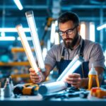A photograph of a lighting contractor examining various led t8 tube lights in a well-lit workspace