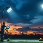 A photograph of a lighting contractor setting up portable stadium lights at a sports field during twilight