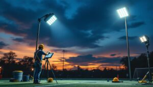 A photograph of a lighting contractor setting up portable stadium lights at a sports field during twilight