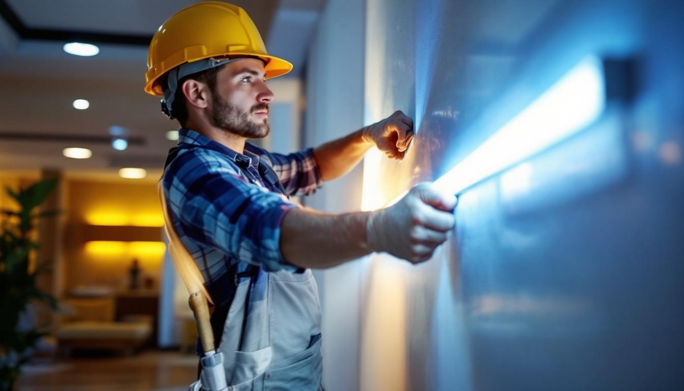 A photograph of a lighting contractor skillfully installing flat led light strips in a modern interior setting