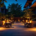 A photograph of a well-lit outdoor space featuring rab led flood fixtures