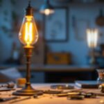 A photograph of a well-lit workspace featuring a type b candelabra bulb installed in an elegant fixture