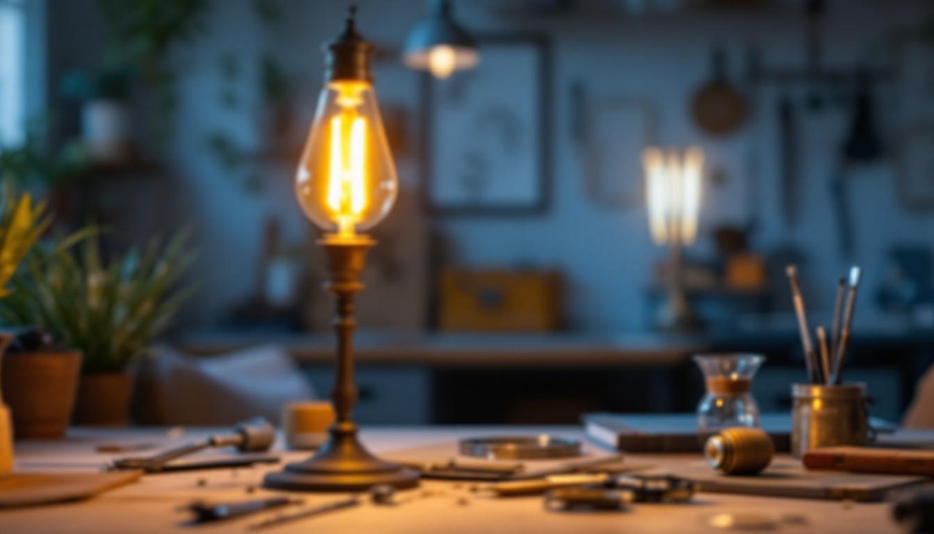 A photograph of a well-lit workspace featuring a type b candelabra bulb installed in an elegant fixture