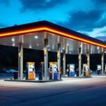 A photograph of a well-lit gas station at dusk