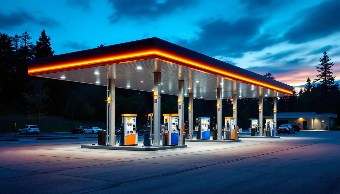 A photograph of a well-lit gas station at dusk