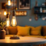 A photograph of a stylishly arranged vintage industrial lighting fixture in a cozy