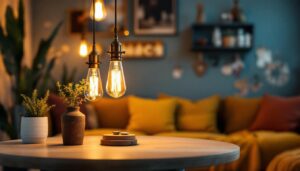 A photograph of a stylishly arranged vintage industrial lighting fixture in a cozy