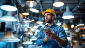 A photograph of a lighting contractor examining various lighting fixtures in a well-lit showroom