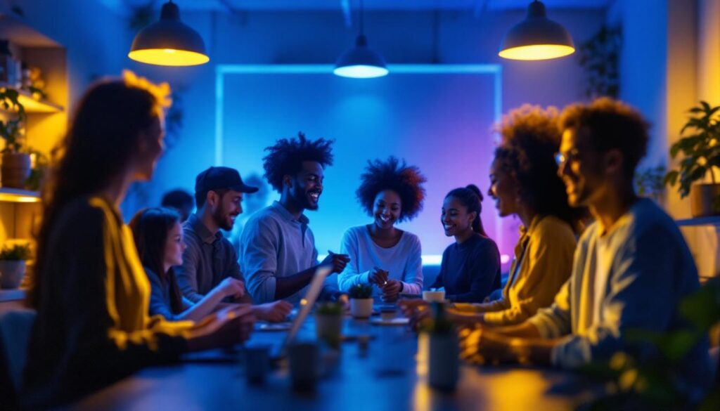A photograph of a diverse group of people interacting in a well-lit space