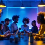 A photograph of a diverse group of people interacting in a well-lit space