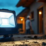 A photograph of a lighting contractor using a portable flood lamp on a job site during twilight