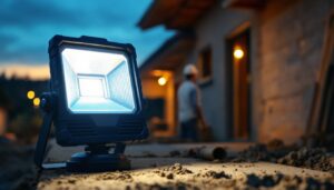 A photograph of a lighting contractor using a portable flood lamp on a job site during twilight
