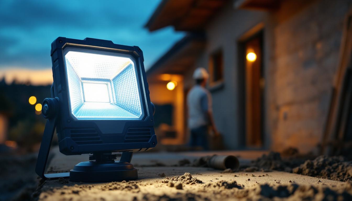 A photograph of a lighting contractor using a portable flood lamp on a job site during twilight