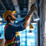 A photograph of a lighting contractor actively installing or inspecting a variety of innovative lighting fixtures in a modern american setting