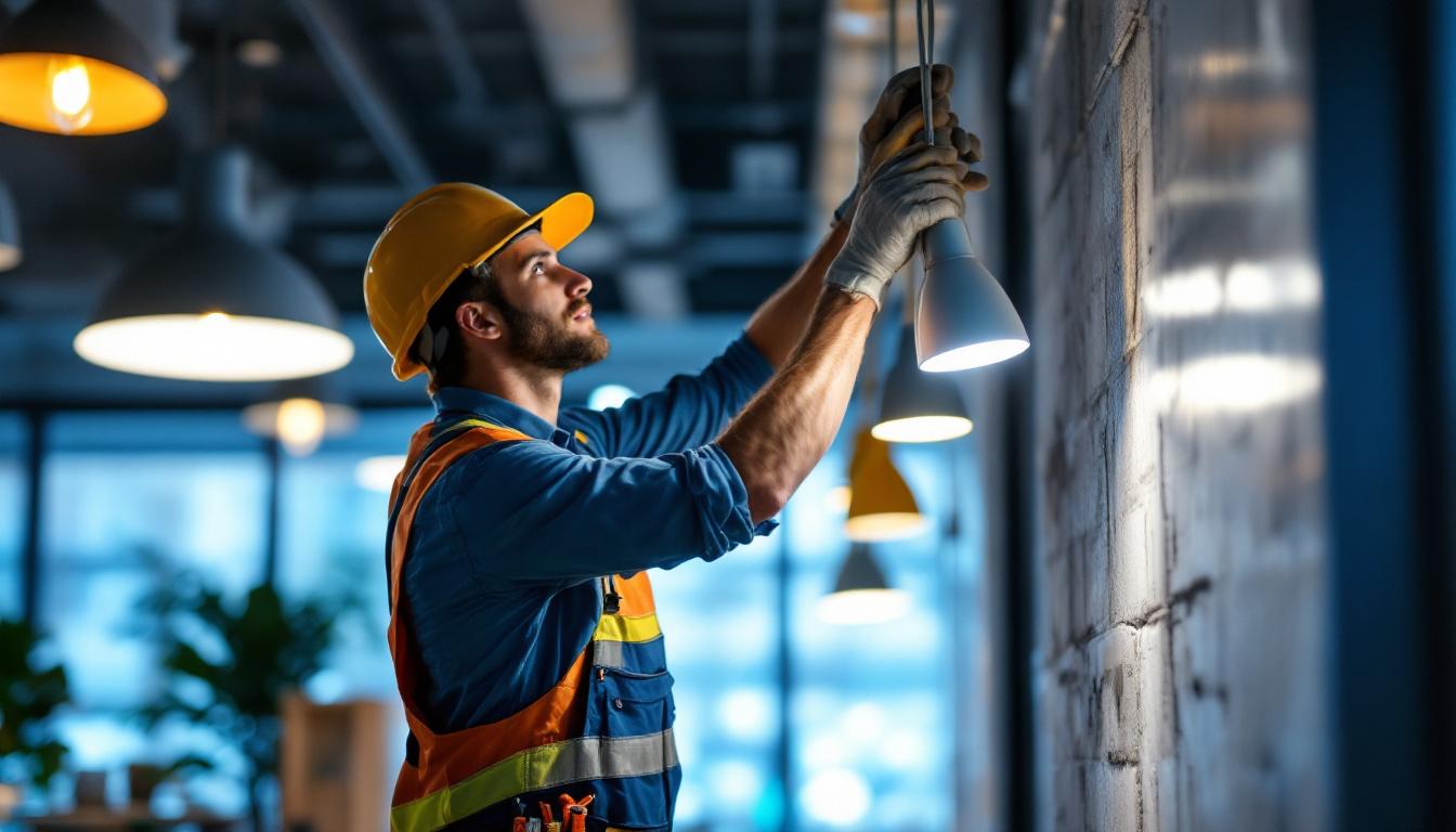A photograph of a lighting contractor actively installing or inspecting a variety of innovative lighting fixtures in a modern american setting