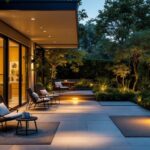 A photograph of a beautifully designed outdoor space featuring wet rated recessed lighting installed in a patio or garden setting