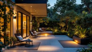 A photograph of a beautifully designed outdoor space featuring wet rated recessed lighting installed in a patio or garden setting