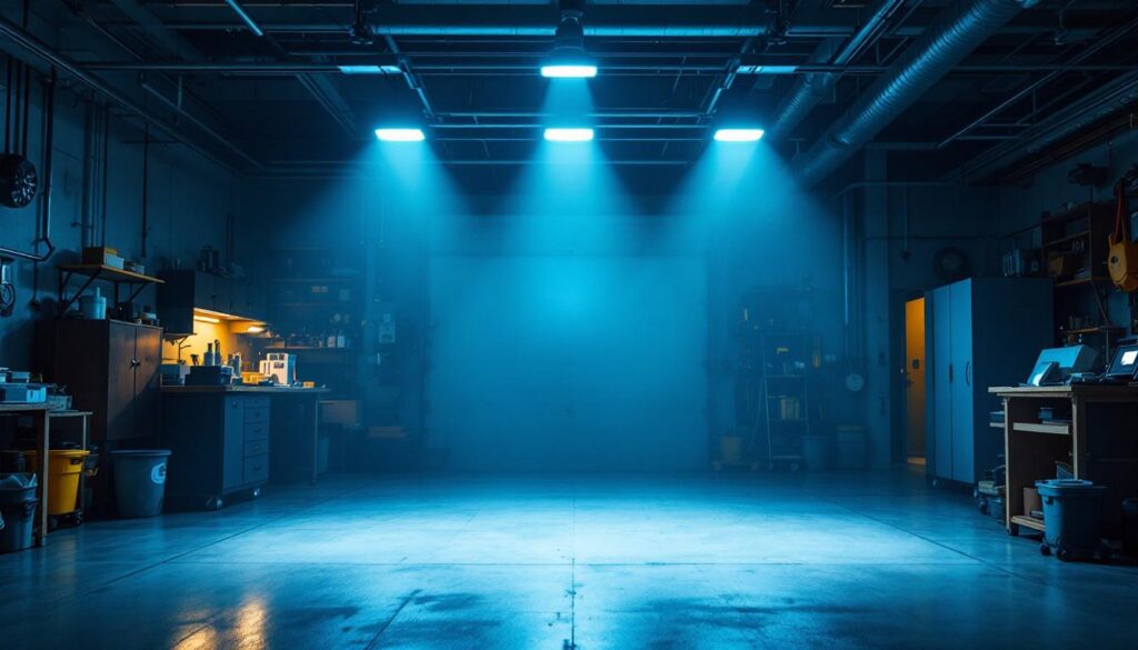 A photograph of a well-lit workshop or garage showcasing super bright led shop lights in action