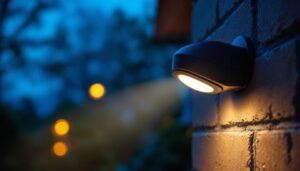 A photograph of a well-lit outdoor setting featuring a motion sensor led light in action