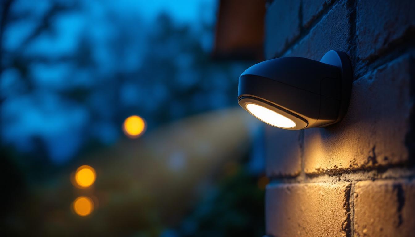 A photograph of a well-lit outdoor setting featuring a motion sensor led light in action