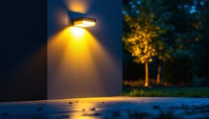 A photograph of a well-lit outdoor space showcasing a high-quality security light in action