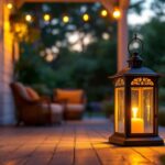 A photograph of a beautifully designed large outdoor lantern on a porch