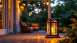 A photograph of a beautifully designed large outdoor lantern on a porch