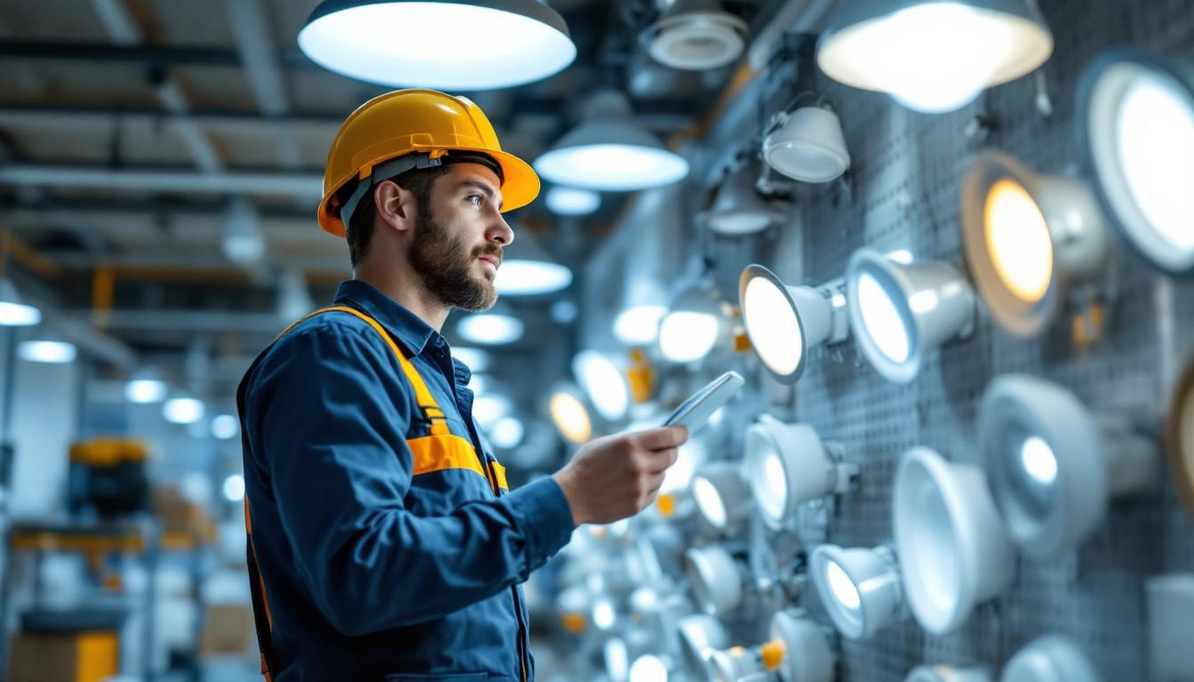 A photograph of a professional lighting contractor examining a selection of recessed light fixtures in a well-lit showroom