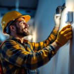 A photograph of a lighting contractor installing a dimmable occupancy sensor in a modern commercial space