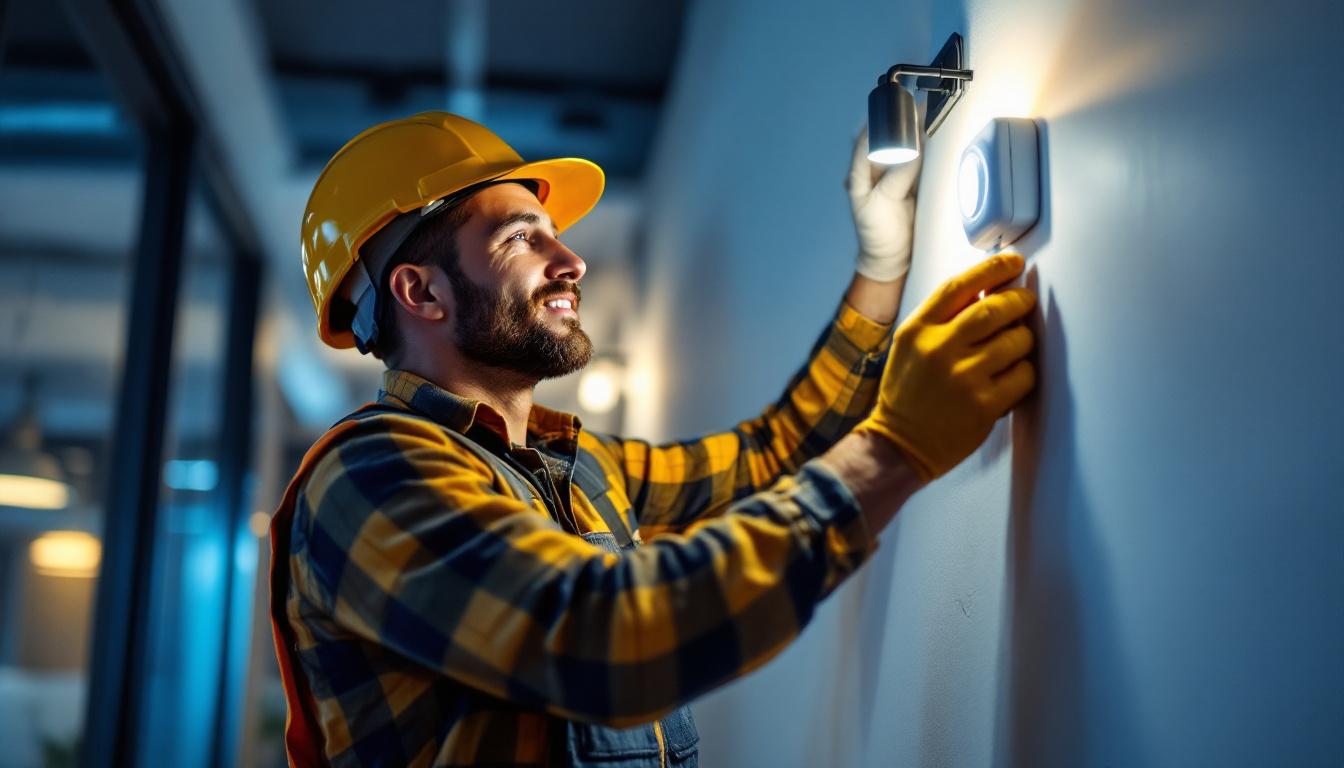 A photograph of a lighting contractor installing a dimmable occupancy sensor in a modern commercial space
