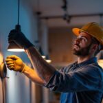 A photograph of a dynamic lighting contractor in action