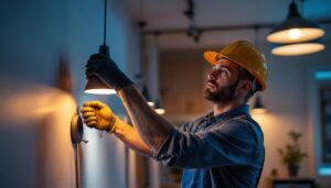 A photograph of a dynamic lighting contractor in action