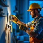 A photograph of a skilled lighting contractor in action
