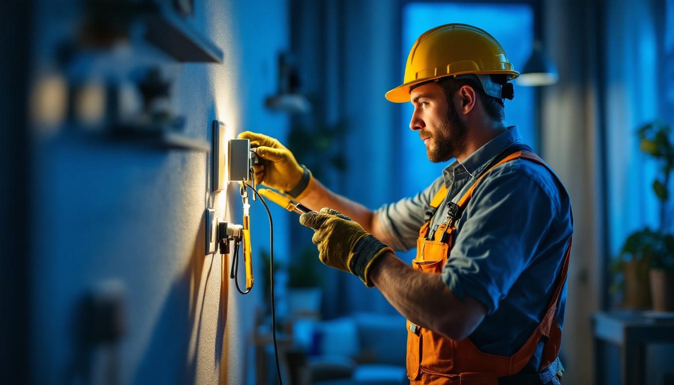 A photograph of a skilled lighting contractor in action