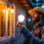 A photograph of a lighting contractor installing a dusk-to-dawn led bulb in a residential setting