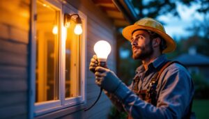A photograph of a lighting contractor installing a dusk-to-dawn led bulb in a residential setting